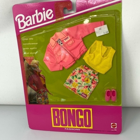 1992 Barbie Bongo Fashion Pink Jacket Yellow Top Floral Skirt Shoes NEW on board - Picture 1 of 7